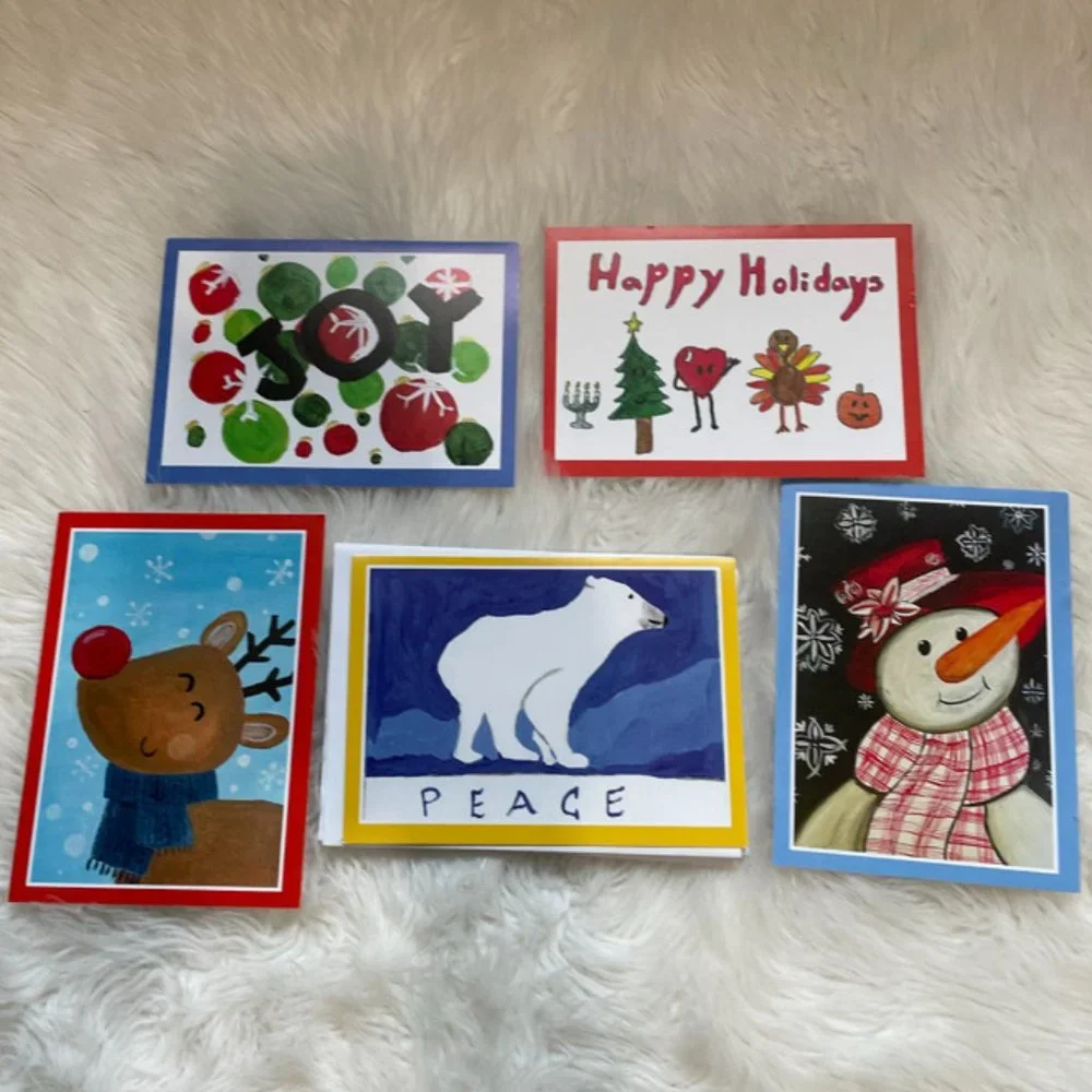 5 Children's ART Holiday cards with white envelopes blank inside